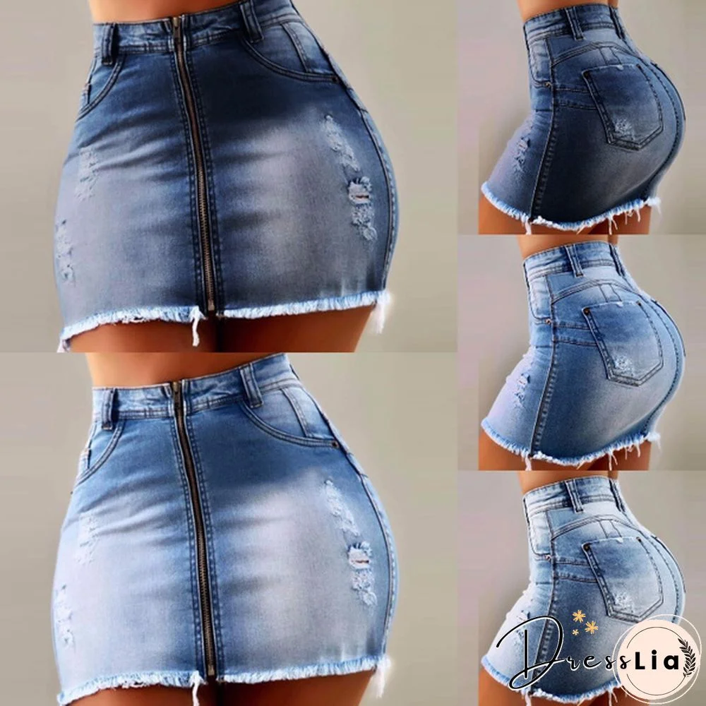 New Women's Fashion High Waist Zipper Mini Hip Jean Skirt Summer Hot Ripped Hole Denim Short Skirt Pant