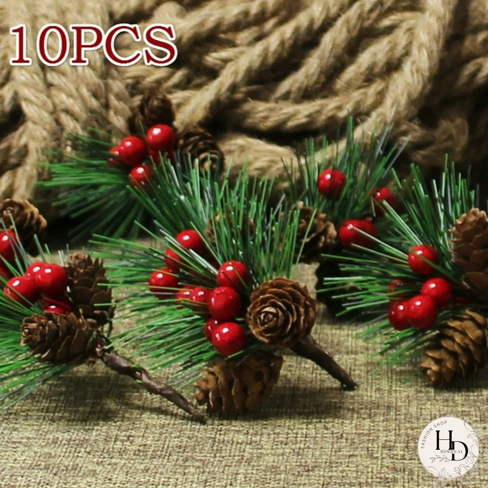 10PCS Artificial Flower Red Christmas Berry and Pine Cone with Holly Branches Christmas Decoration for Home Floral Decor Flower Crafts