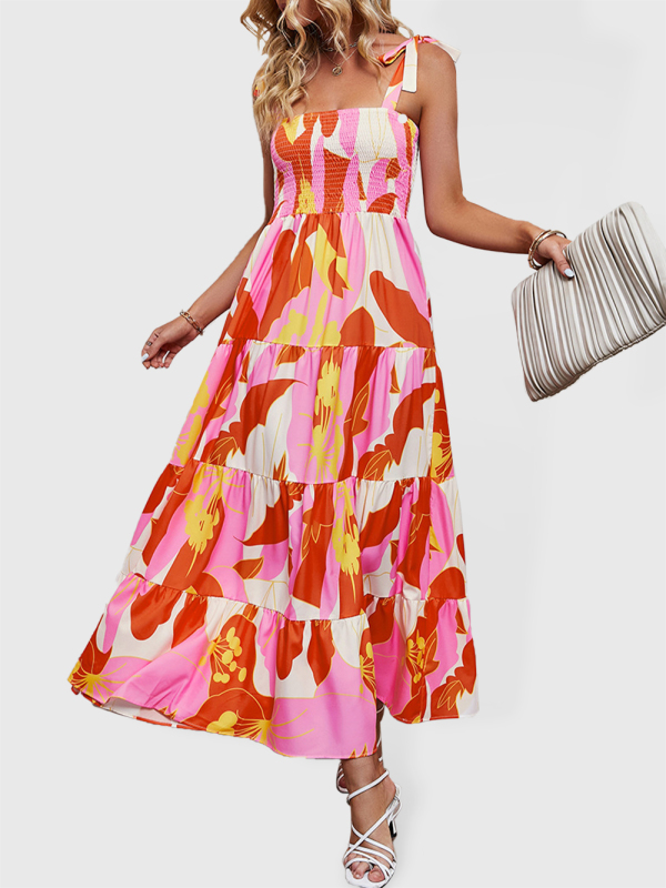 Mature Women Spring Summer Casual Sexy Backless Printed Sling Holiday Dress