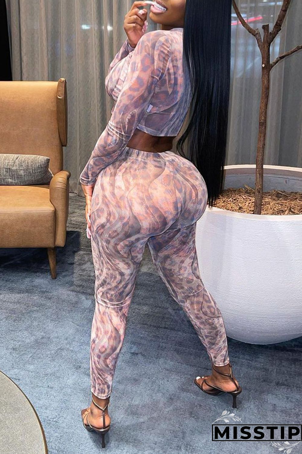 Pink Fashion Sexy Print Hollowed Out O Neck Long Sleeve Two Pieces