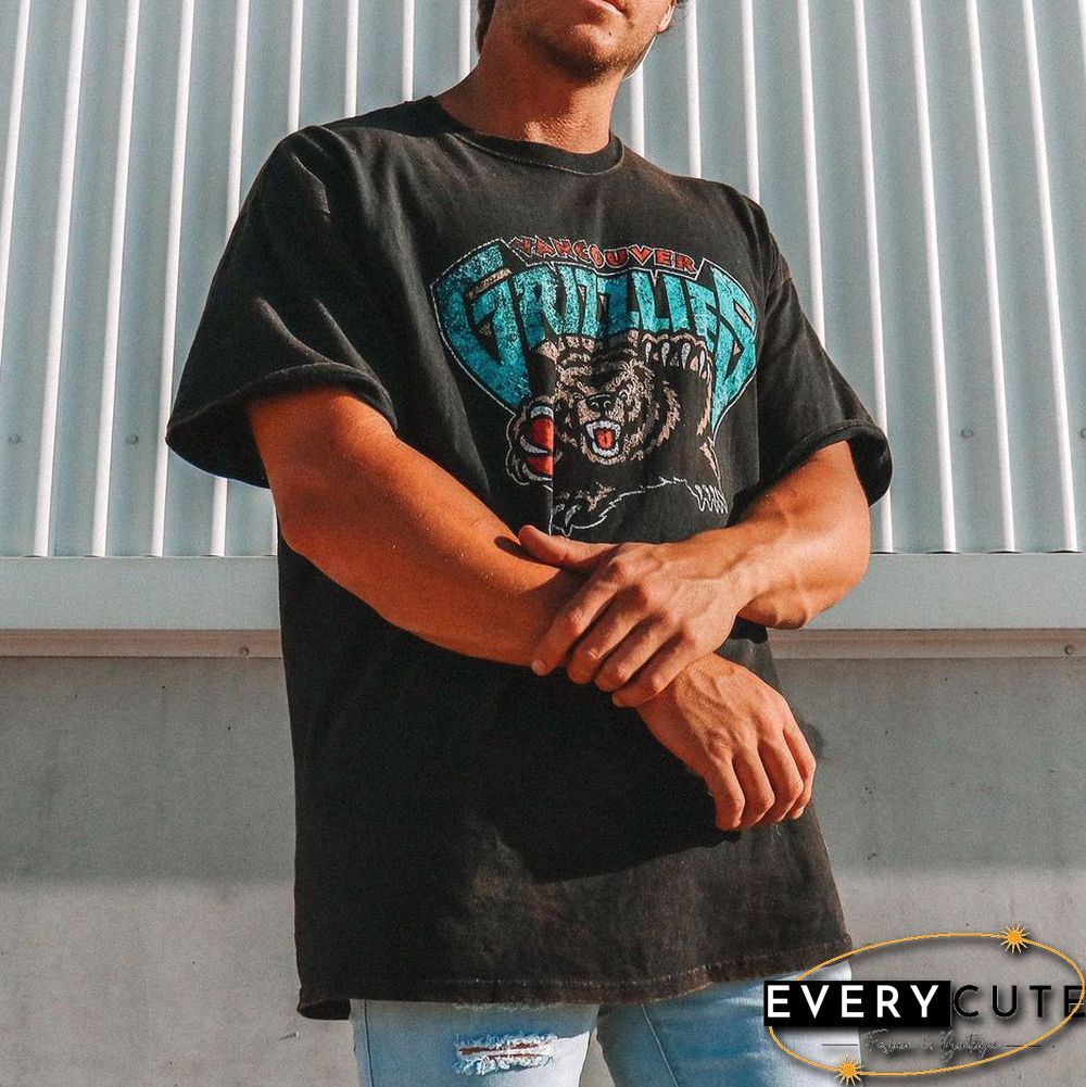 Mens Vintage Round Neck Printed Short-Sleeved T-Shirts