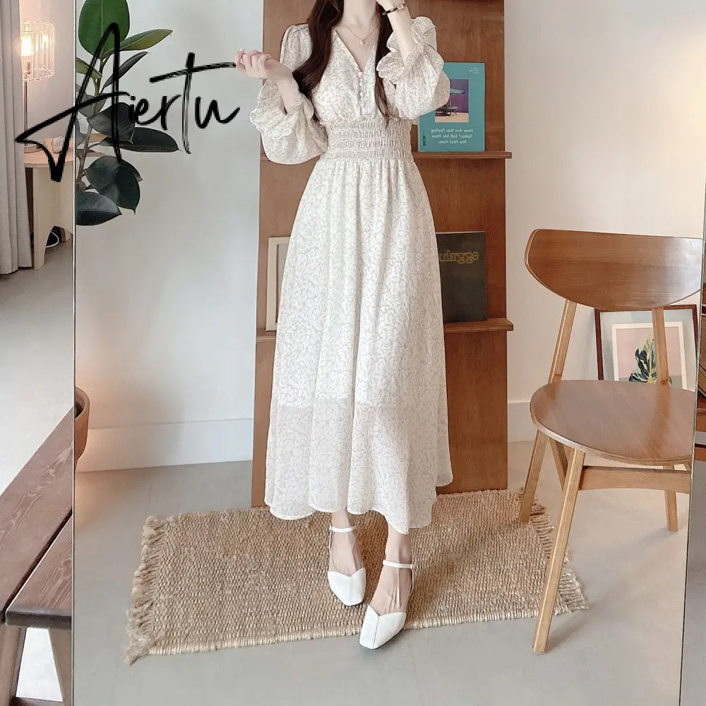 Korean Chic Fashion New Design Autumn Spring Womens Slim Waist A Line Elegant Date Girls Long Single Breasted Button Shirt Dress Aiertu