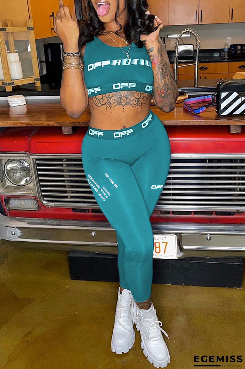 Baby Blue Casual Sportswear Letter Print Vests Pants O Neck Sleeveless Two Pieces | EGEMISS