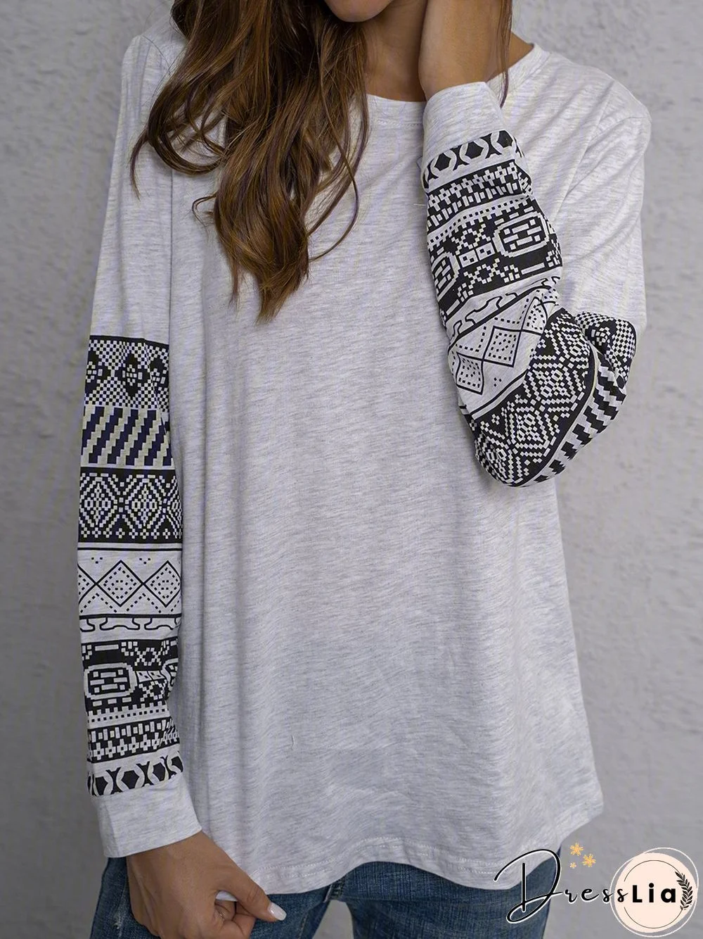Plus Size Casual Long Sleeve Tribal Tops
