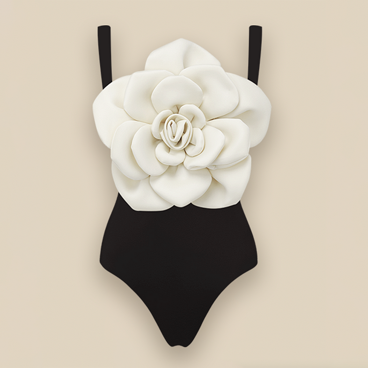 3D Flower Sling Black and White One Piece Swimsuit and Skirt