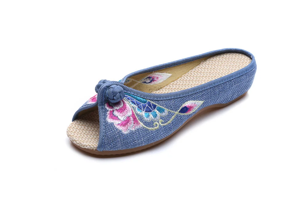 Colourp Colourp Spring / Summer Style Linen Embroidered Fish Mouth Wearing Cool Drag Plate Buckle Cloud Head Butterfly Embroidered Women's Shoes