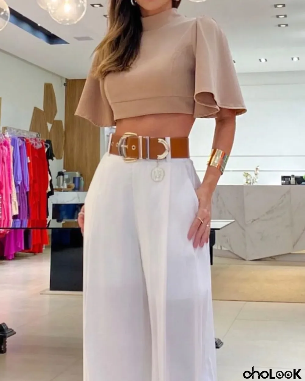 Summer Women's Turtleneck Bell Bottom Sleeves Sexy Crossover Low Back Top Loose Wide Leg Pants Set
