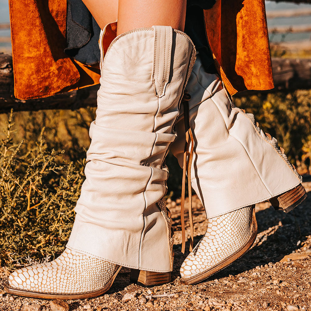 Ivory Python Embossed Lace-Up Snip Toe Fold Over Mid-Calf Boots Nicepairs