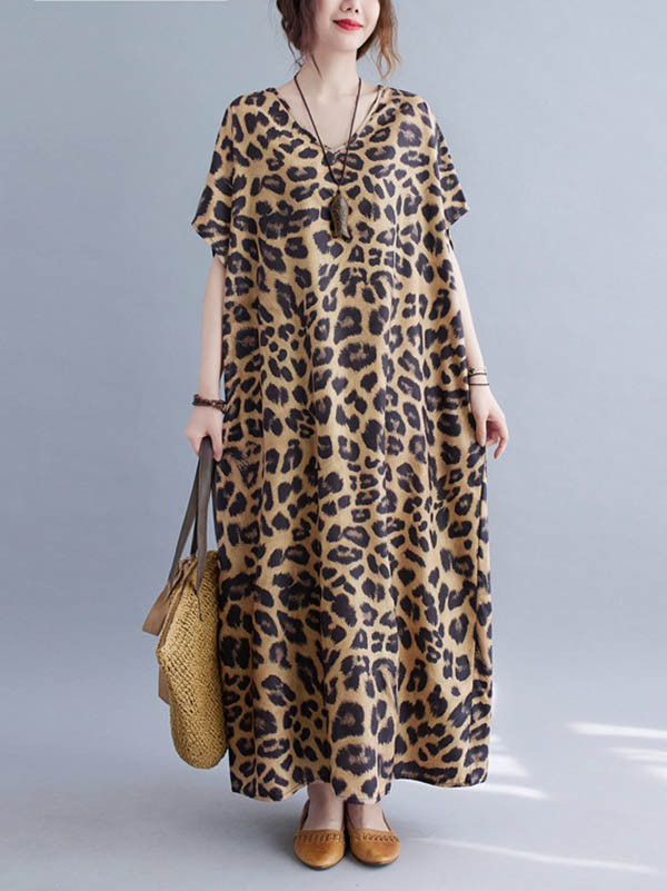 Chic Loose Leopard Print V-Neck Batwing Sleeves Maxi Dress
