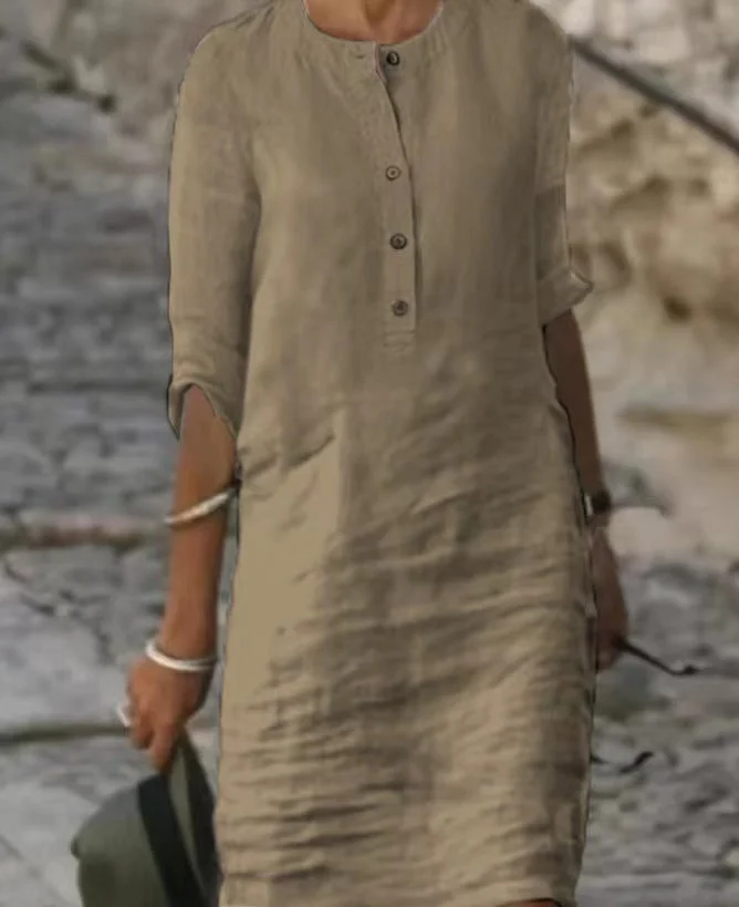 Uveng Spring Cotton And Linen Long-sleeved Dress Dresses