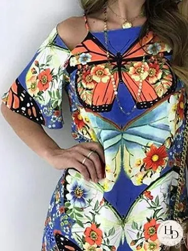 Butterfly Print Cutout Short Sleeve Dress for Women