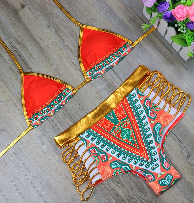 2021 New African Print Two-Pieces Bath Suits Bikini Set Sexy Geometric Swimwear Swimsuit Gold High Waist Swimming Suit