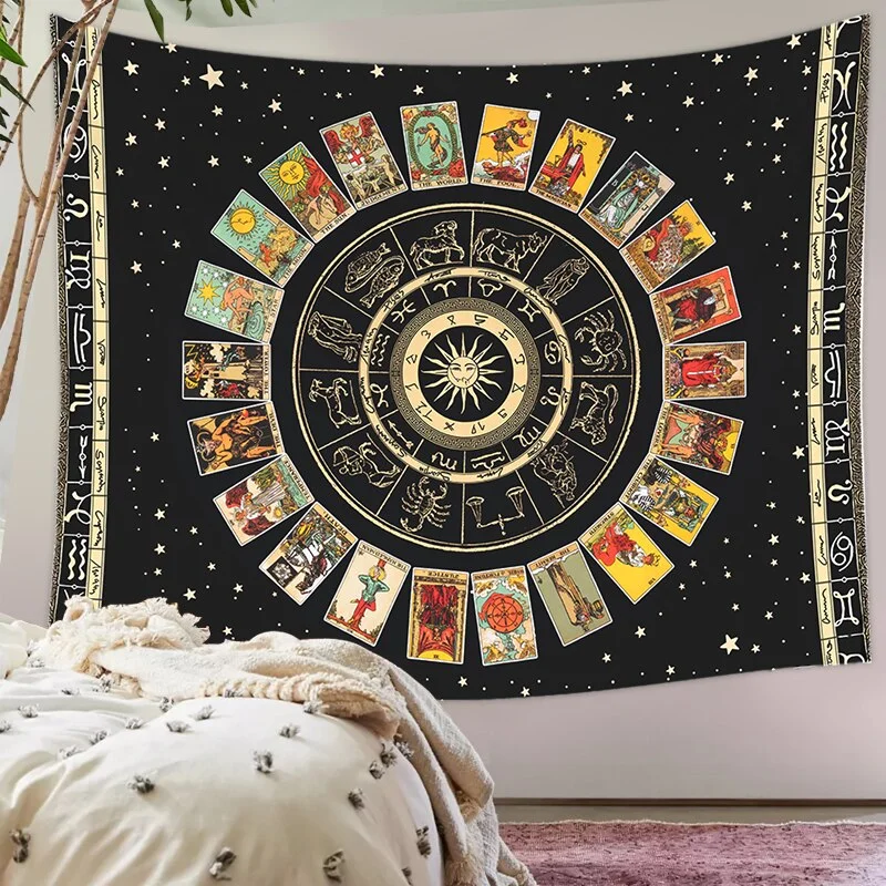 Tarot Card Mandala Tapestry Wheel of the Zodiac Astrology Chart & the Major Arcana Tarot  Sun and Moon  Wall Hanging Home Decor