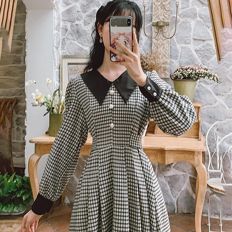 Vintage Plaid Splice Collar Dress