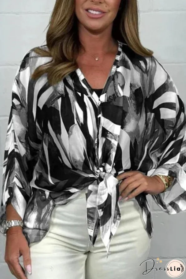Unique Printed Long Sleeve V-neck Chiffon Loose Shirt