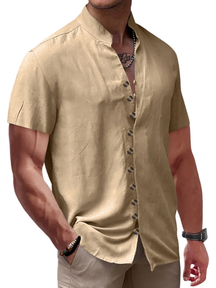 Men's Summer Retro Solid Color Stand Collar Button-Down Short Sleeve Shirt