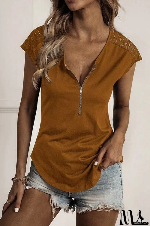 MidiSono - Zip Neck Lace Short Sleeve T-Shirt