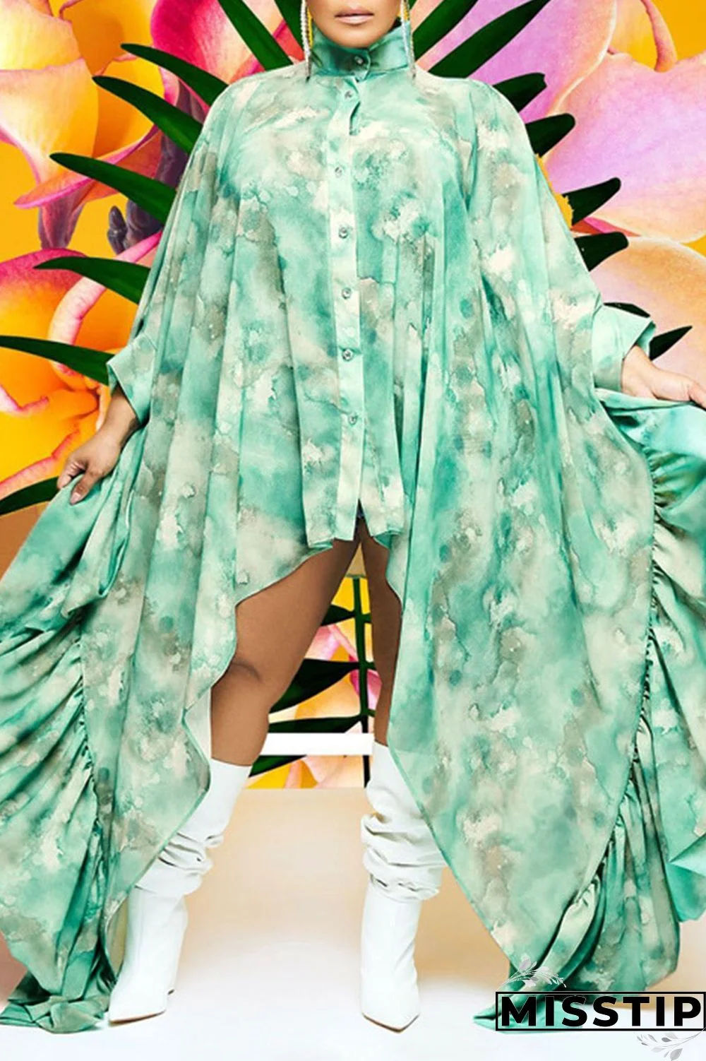 Grey Casual Street Print Patchwork Buckle Asymmetrical Turtleneck Plus Size Tops