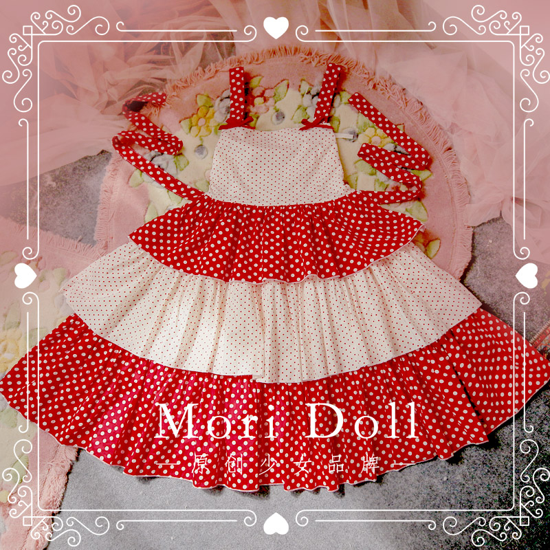 Strawberry Charm Cotton Polka-Dot Dress - MoriDoll Original Girly Bow Jumper Skirt