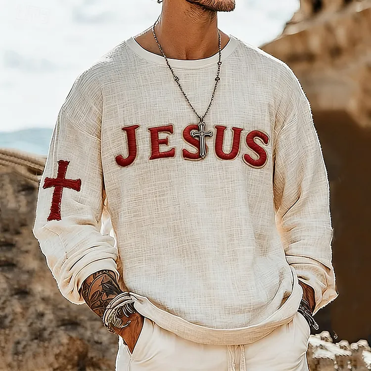 Men's Vintage Jesus Art Loose And Comfortable Cotton And Linen Long-sleeved Shirt