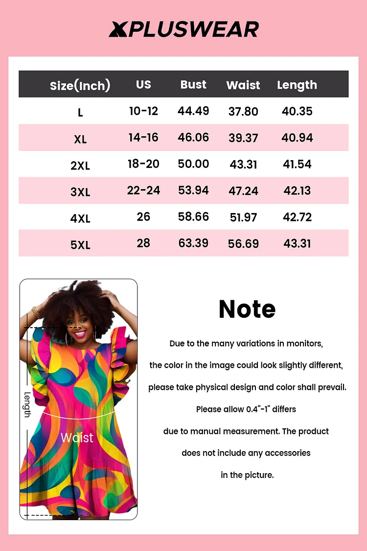 Xpluswear Design Plus Size Daily Rainbow Casual All Over Print Round Neck Flutter Sleeve Ruffle Mini Dresses