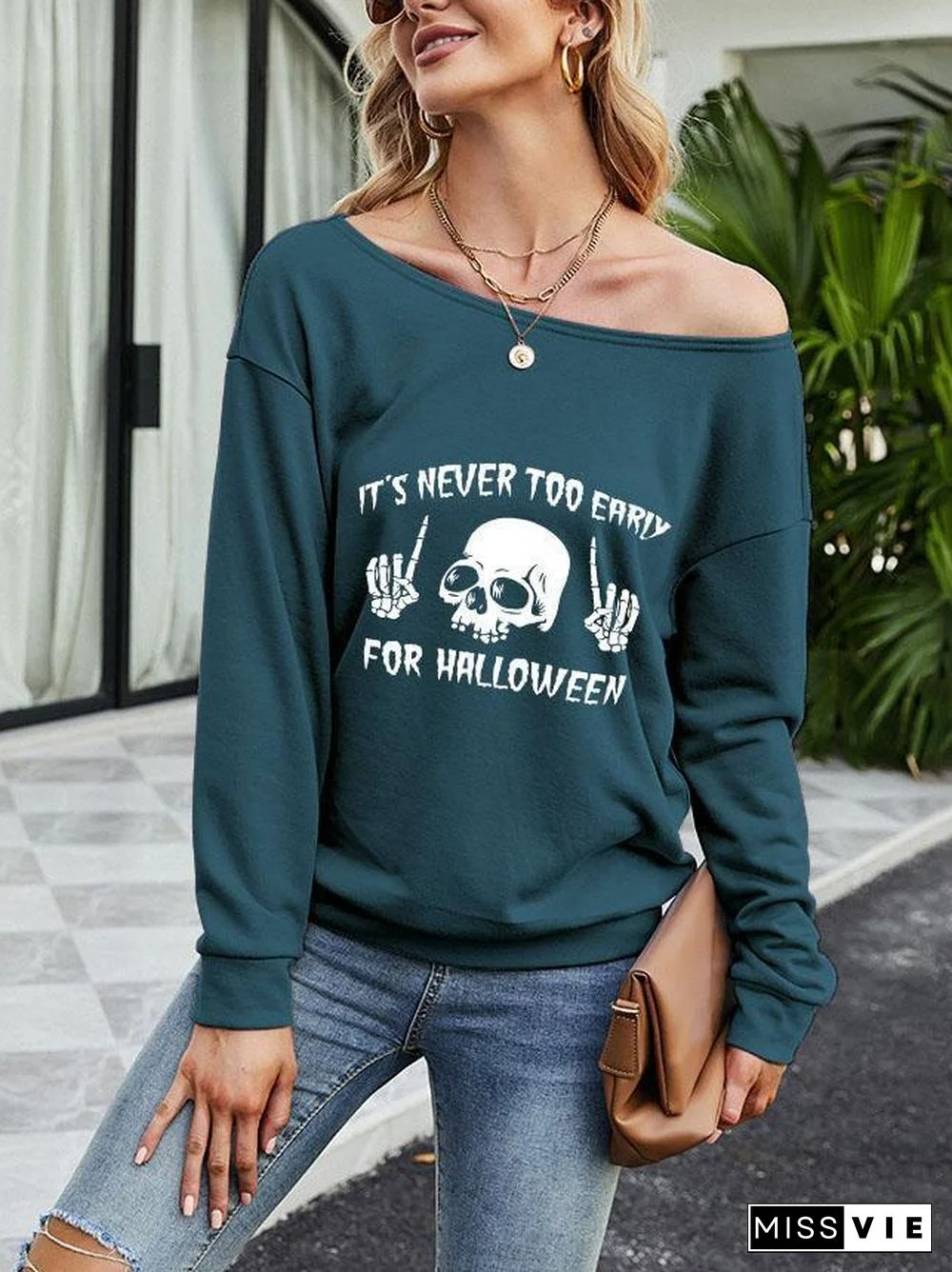 Skull And Letter Printed Hoodie Top