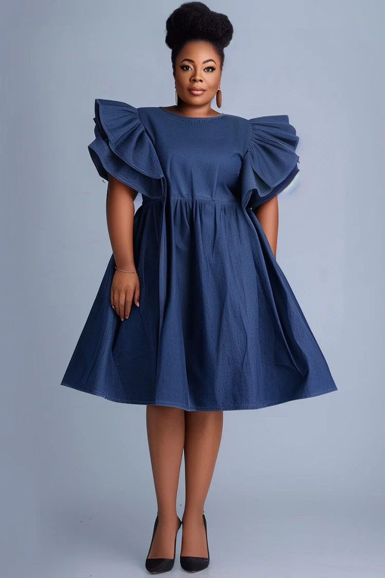 Xpluswear Design Plus Size Business Casual Blue Round Neck Flutter Sleeve Short Sleeve Pocket Casual Fold Midi Dresses [Pre-Order] 2024 - Xpluswear