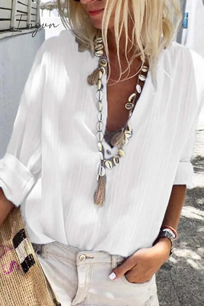 Ingvn - Casual V Neck Button Blouse Tops S / White