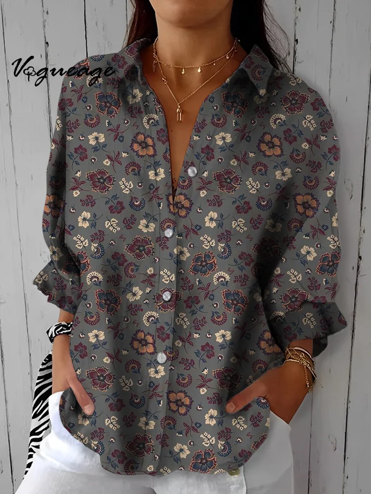 Soft Gentle Elegant Small Flowers Printed Cotton And Linen Shirt
