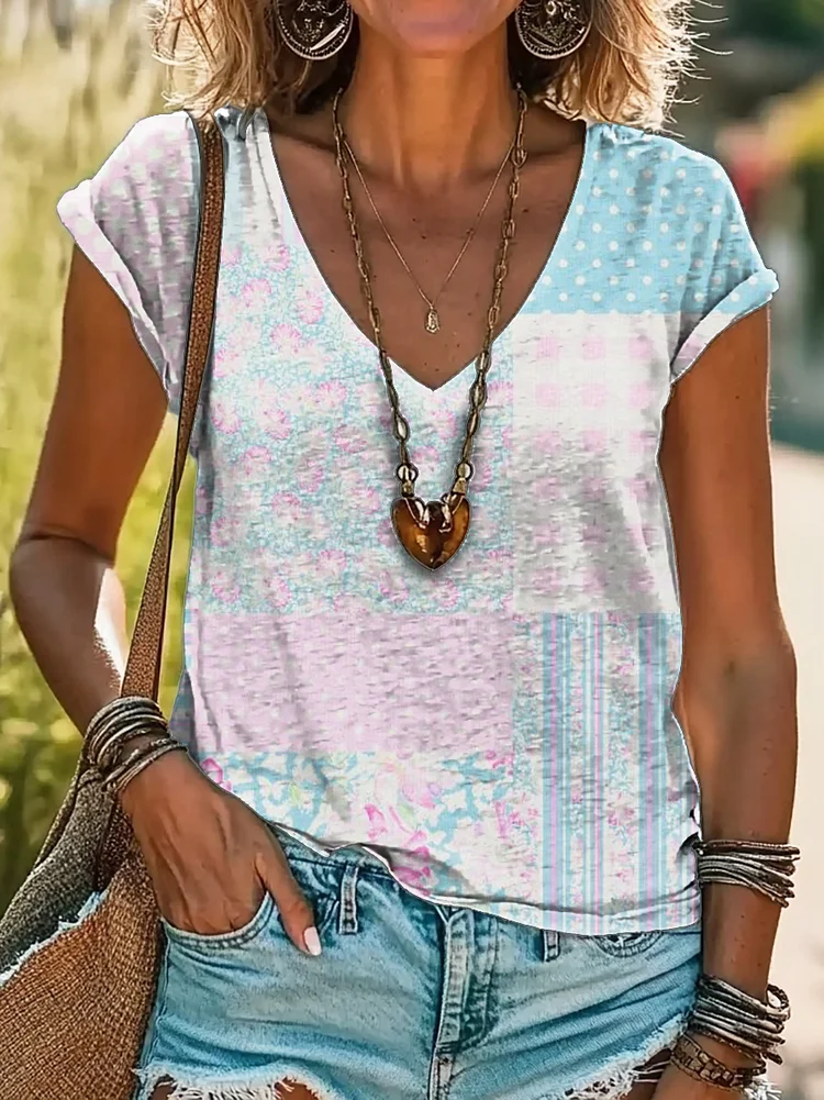 Women's Floral Patchwork Art Print Cotton V Neck T-Shirt