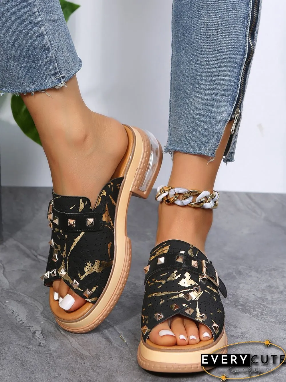 Urban Studded Snake Print Chunky Heel Slippers