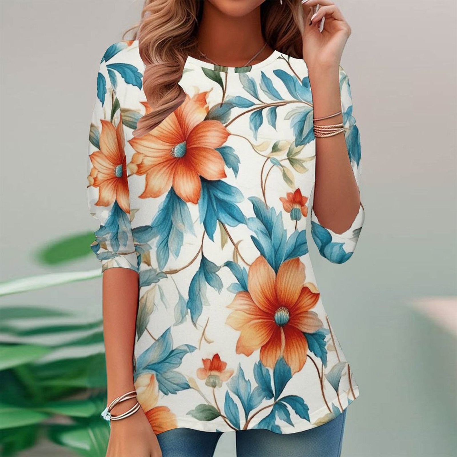 Women Long Sleeve V-neck Graphic Floral Printed Top
