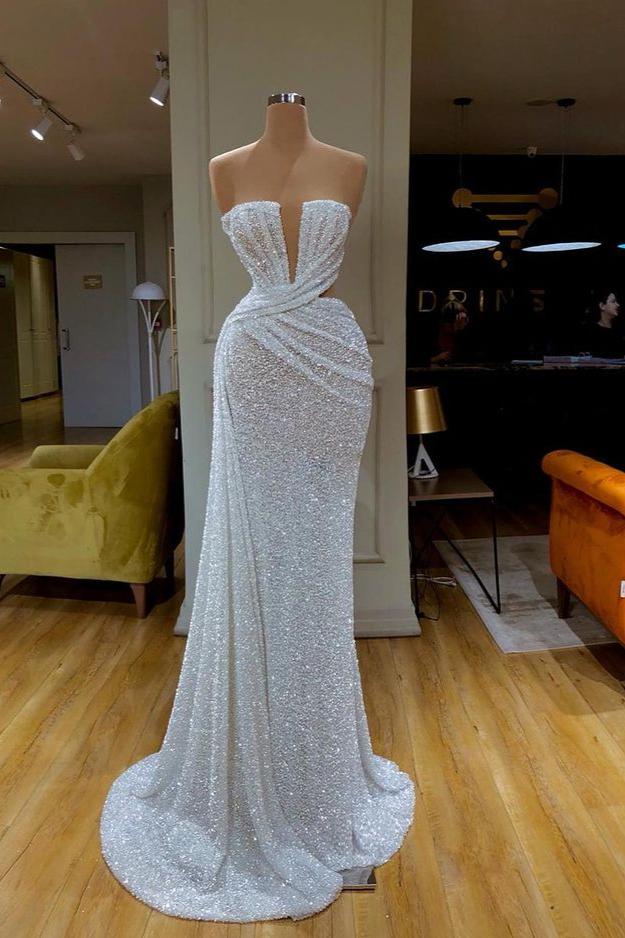 Gorgeous White Strapless Sequins Prom Dress Online | Risias