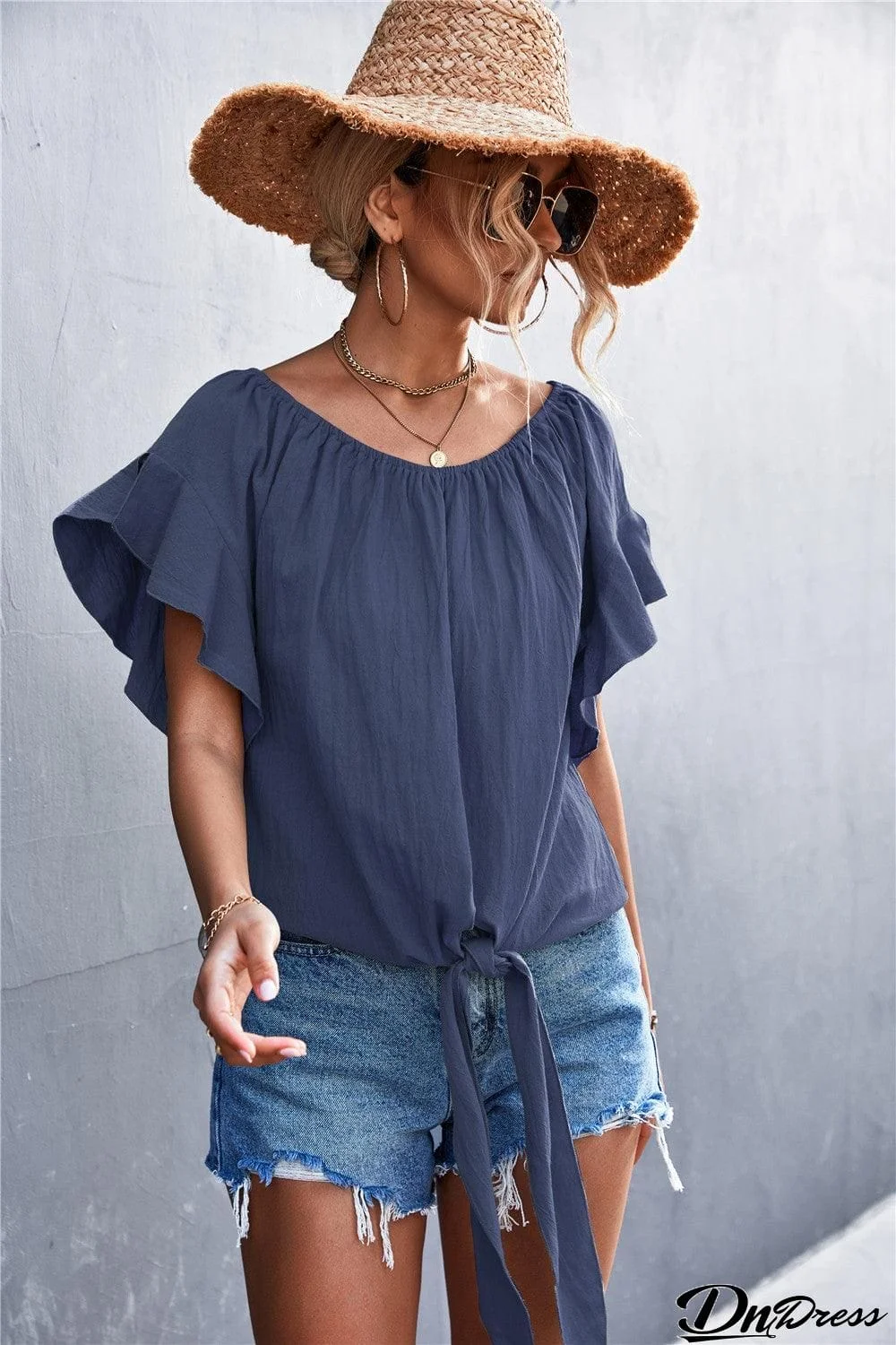 Flutter Sleeve Tie-Front Blouse