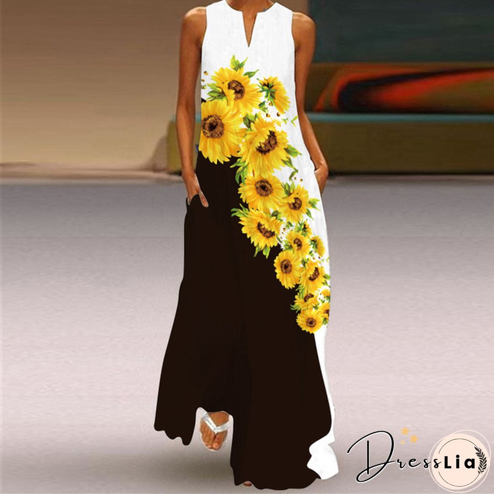 New Fashion Print Summer Dress Casual Sexy Boho Beach Women Party V-neck Sleeveless Pocket