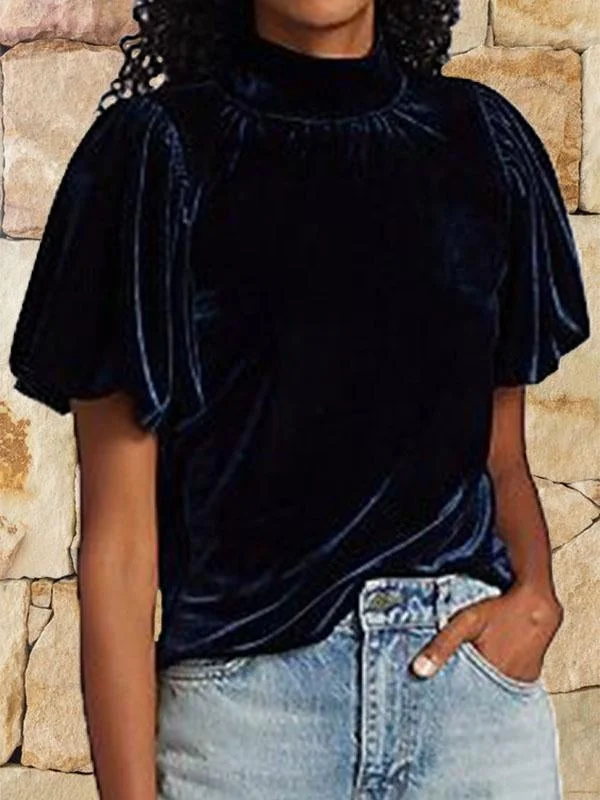High Neck Puff Sleeve Plain Velvet Shirt