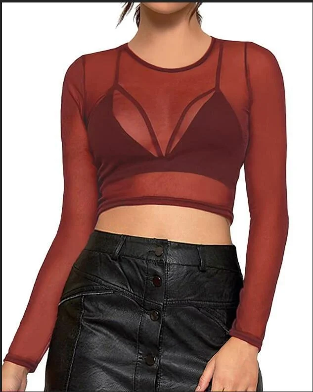 Brownm Brownm Elastic Tight Perspective Sexy Mesh Bottom Shirt Transparent Long Sleeve T-Shirt Women's Lace Shirt