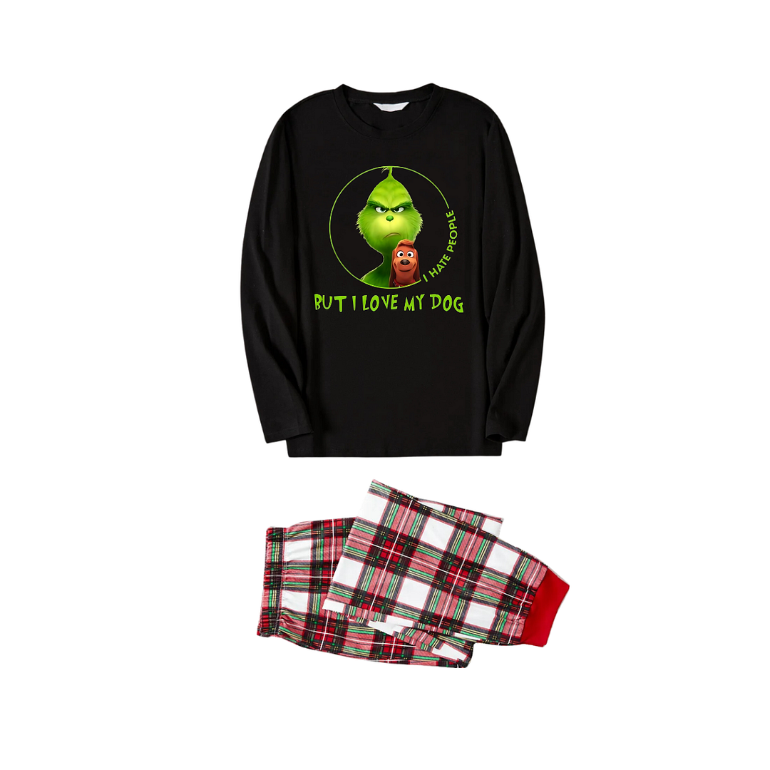 'I Hate People But I love My Dog' Text With Green Cartoon Characters and Dog Pattern Black Top Red&White&Green Plaid Pants Family Matching Pajamas