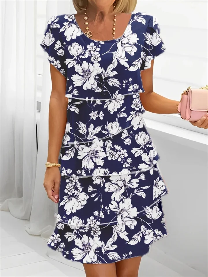 Women's Round Neck Short Sleeve 3D Printed Chiffon Dresses