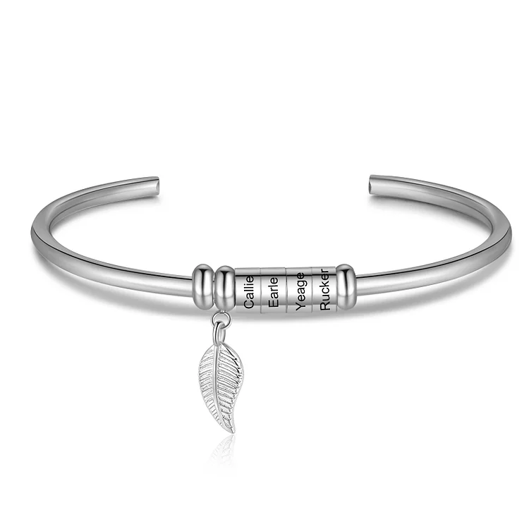 Women Bangle Bracelet with Leaf and Beads Engraved 4 Names Gifts for Mother