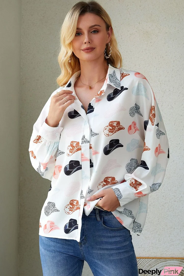 Hat Print Collared Neck Long Sleeve Shirt