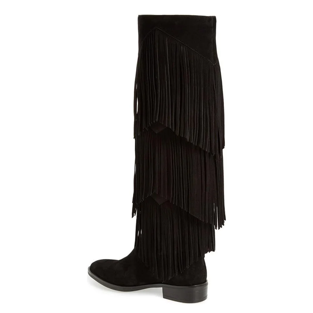 Black Round Toe Low Heel Knee High Boots for Women with Fringe