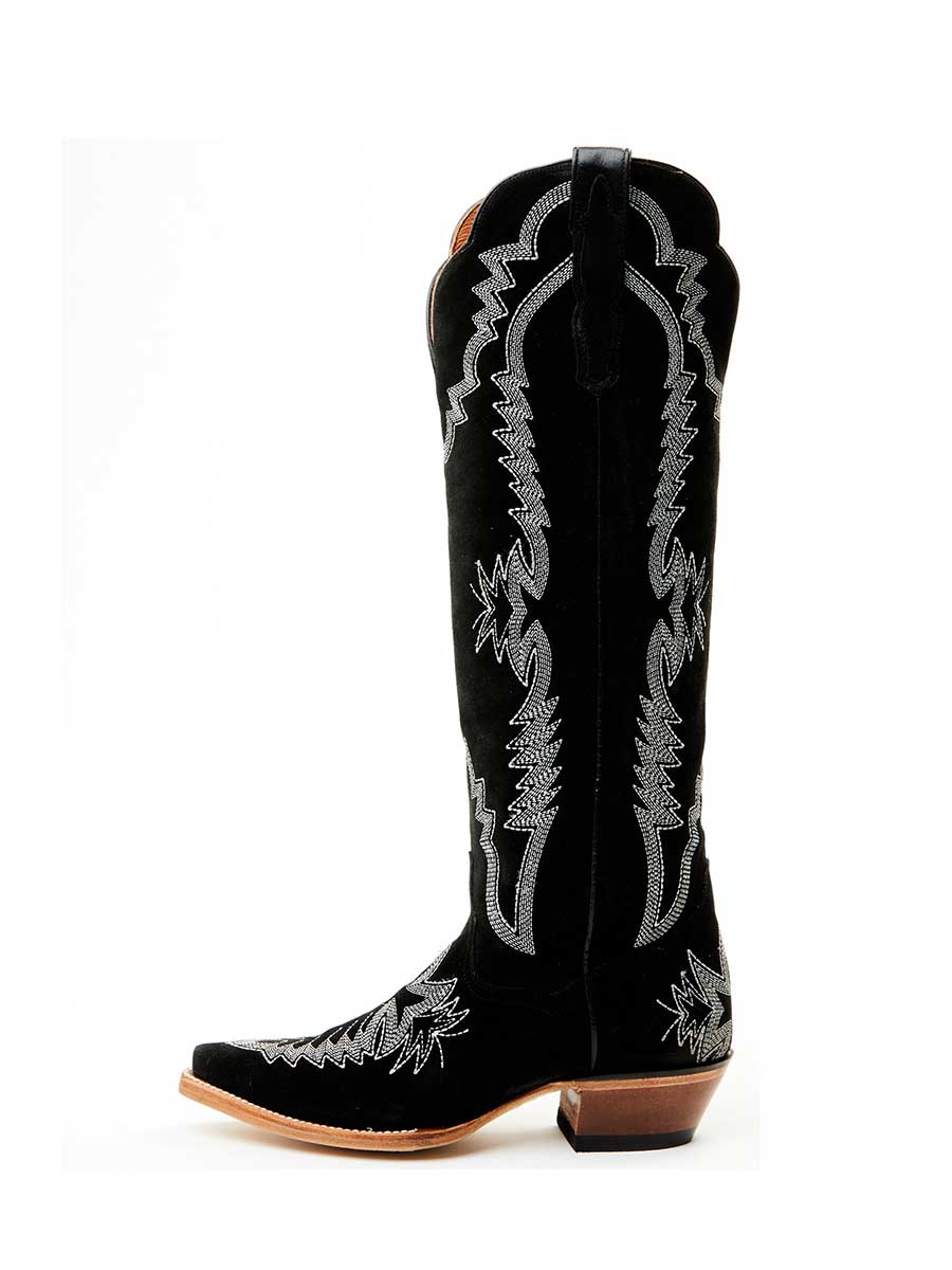 Faux Suede Embroidered Chunky Heel Knee-High Cowgirl Boots in Black
