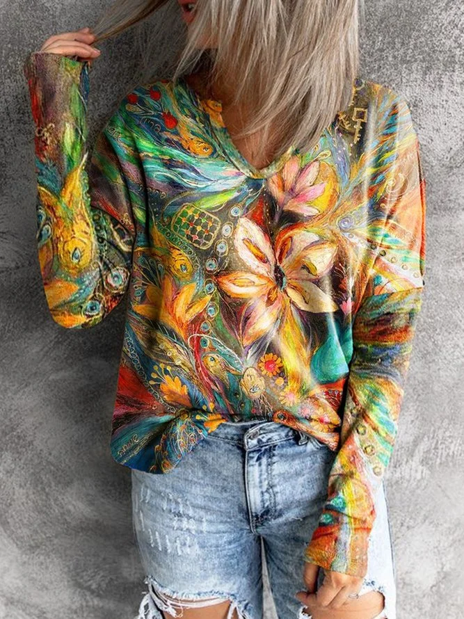 Long Sleeve V Neck Cotton-Blend Casual Shirts & Tops