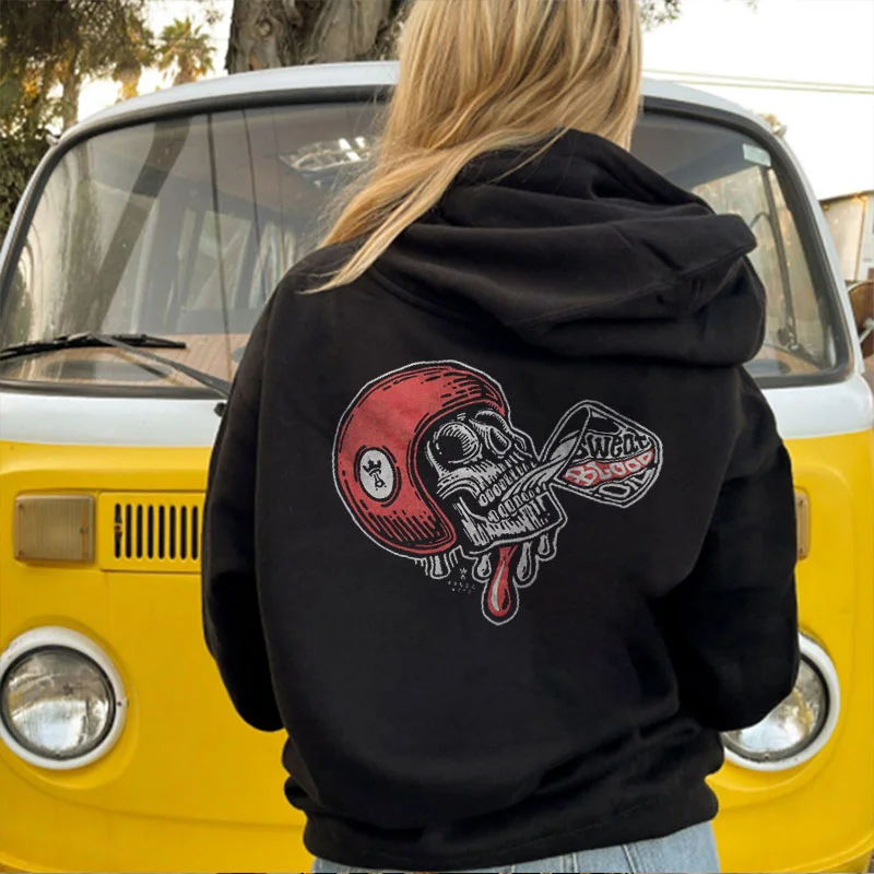 SWEAT BLOOD OIL Skull with Helmet  Black Print Hoodie