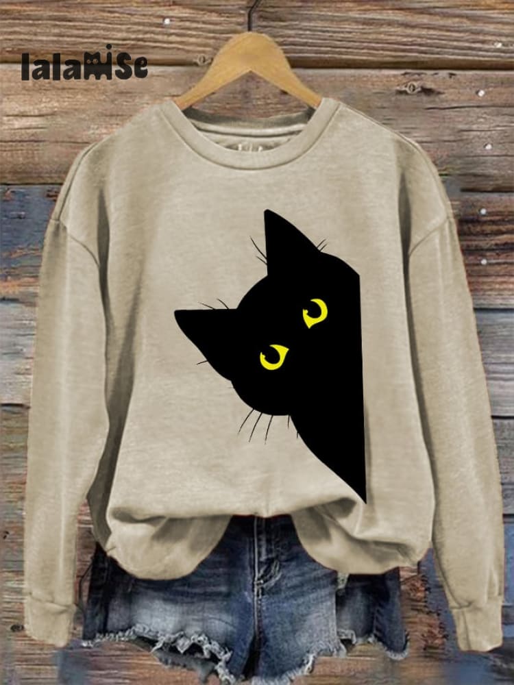 Women’s Funny Halloween Black Cat Casual Sweatshirt Apricot / S