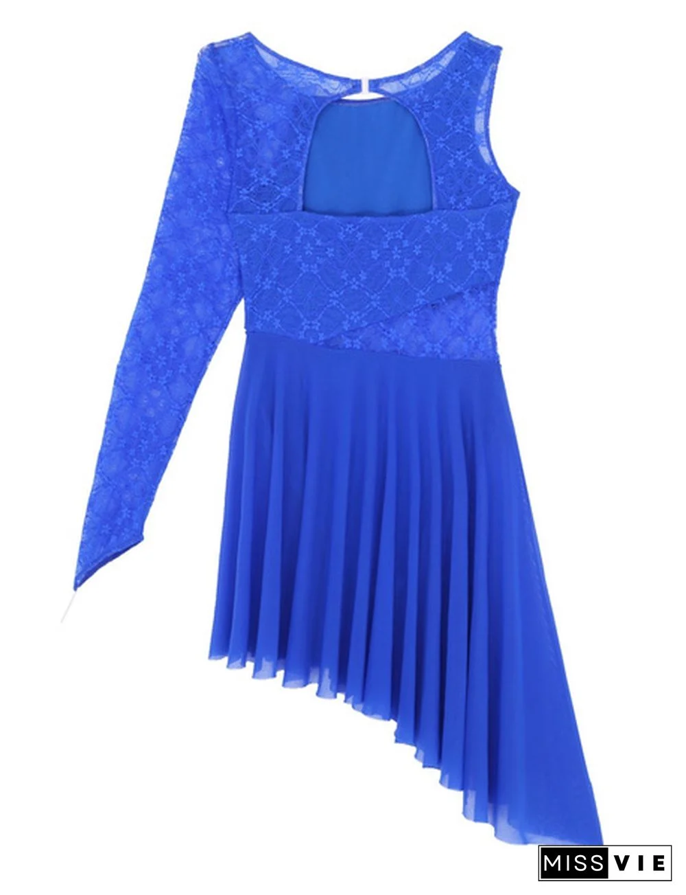 Women Lyrical Dance Costume Dress Cut Out Asymmetric Lace Mesh Skirt Leotard Ballet Bodysuit