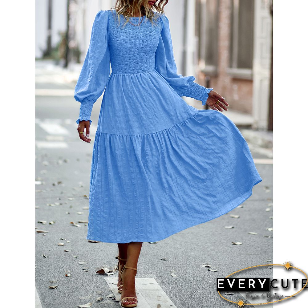 Light Blue Puff Sleeve Pleated Swing Long Dress