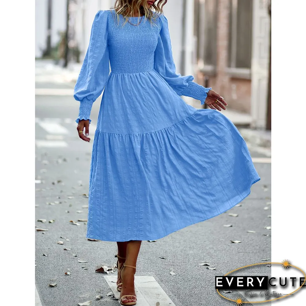 Light Blue Puff Sleeve Pleated Swing Long Dress