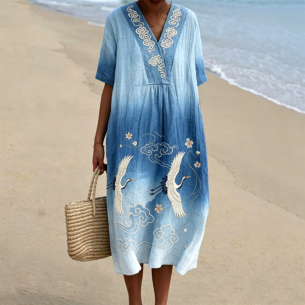 Vintage Flying Cranes Art Gradient Linen Maxi Dress wearshes